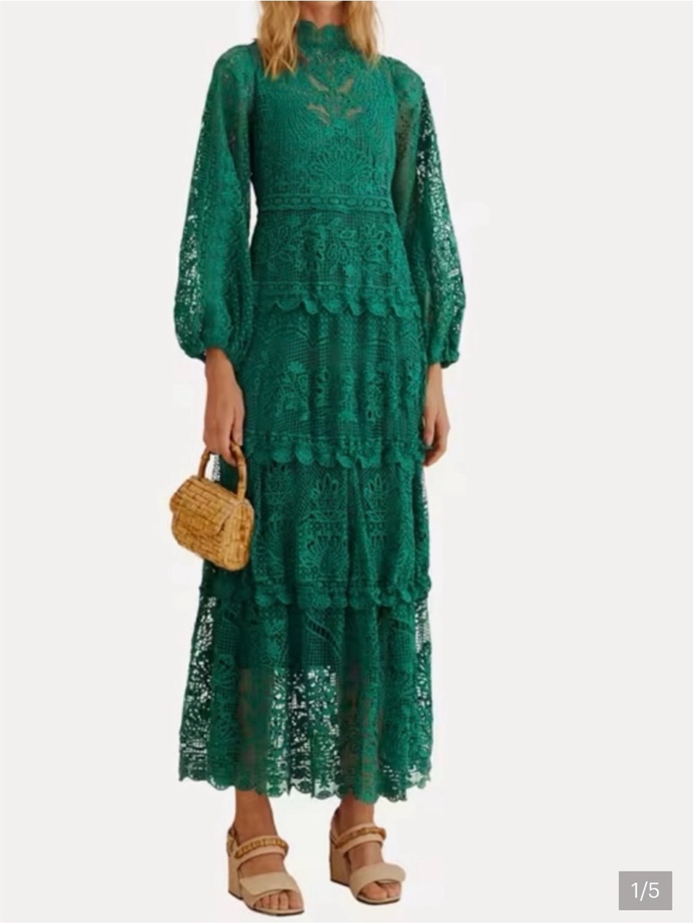 FARM Rio Dark Green Guipure Long Sleeve Maxi Dress Lace Tiered with Puff Sleeves
